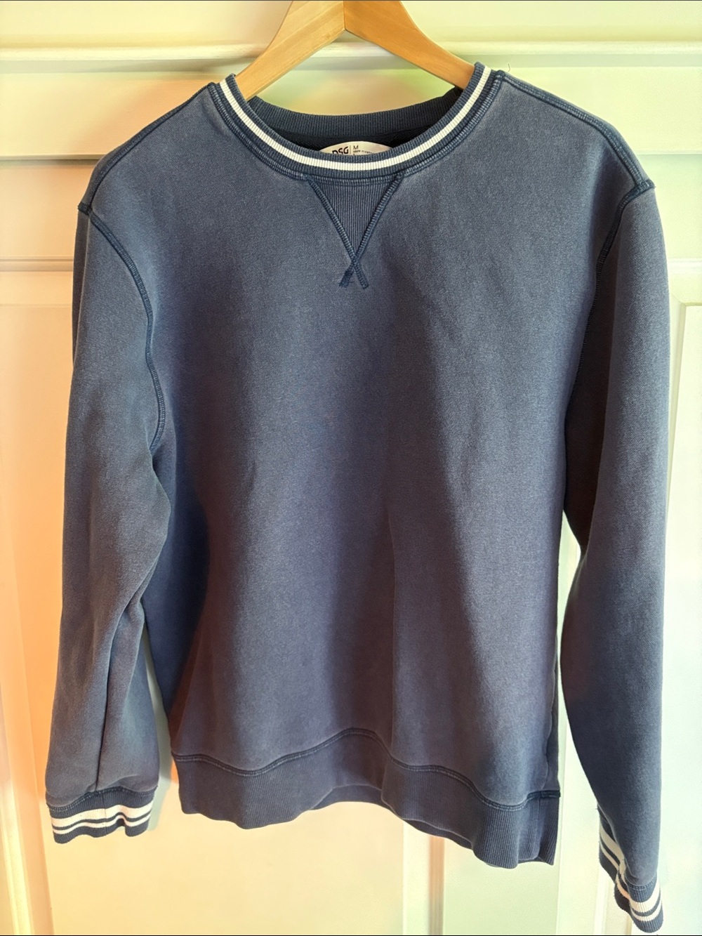 DSG Men's Blue Crewneck Sweater with White Stripe Trim